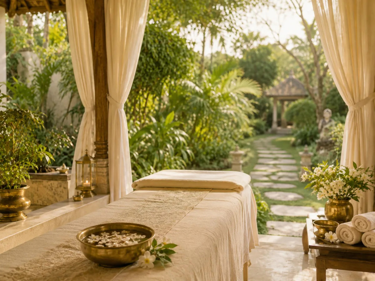 Peaceful Ayurvedic wellness retreat treatment space