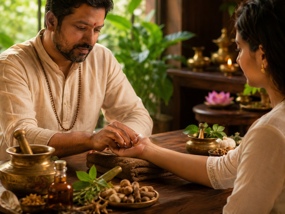 Nadi Pariksha pulse diagnosis session at Sri Ashwin Holistic Care